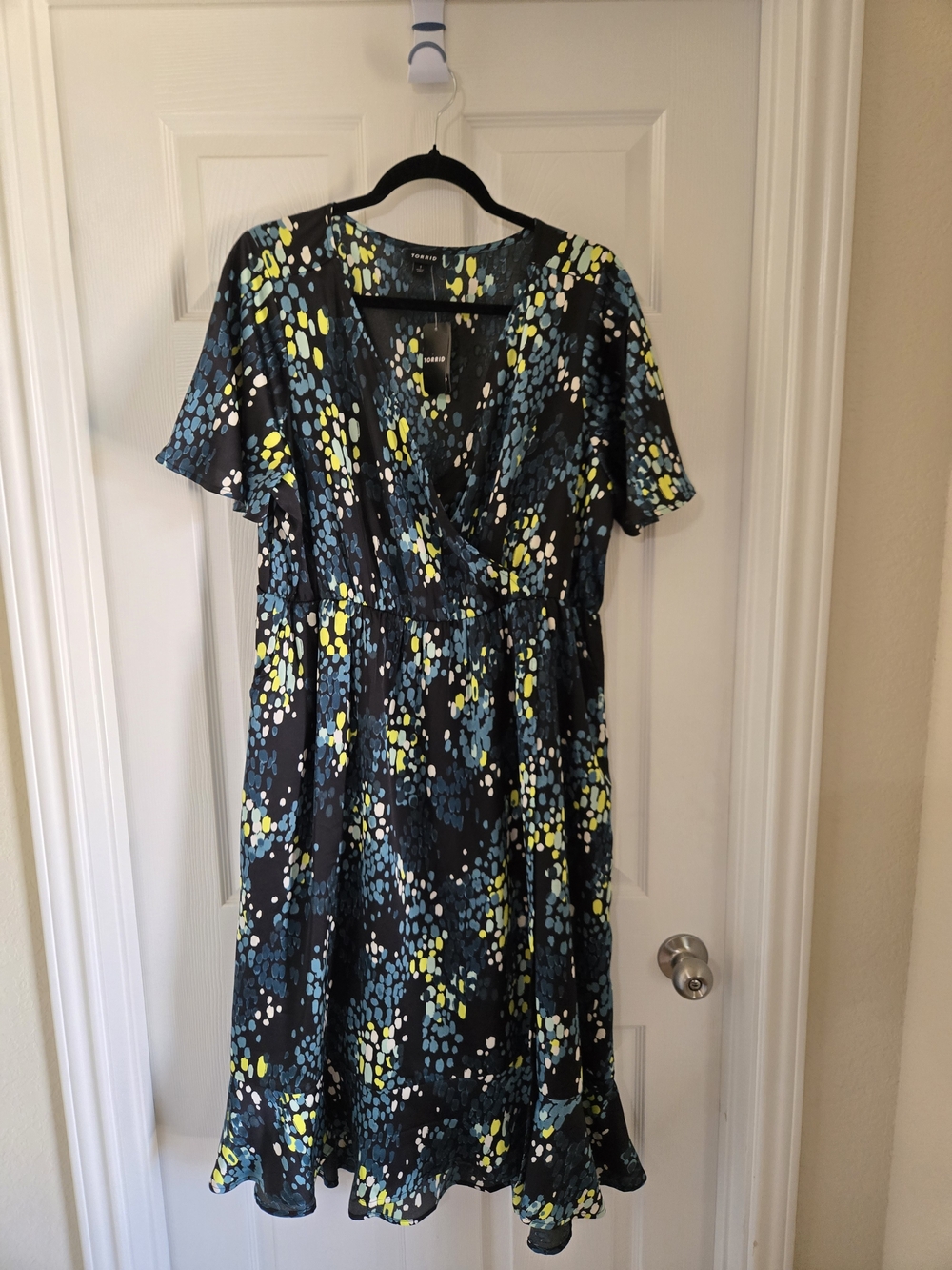 torrid Black Wrap Maxi Dress with Teal and Yellow Dot Print